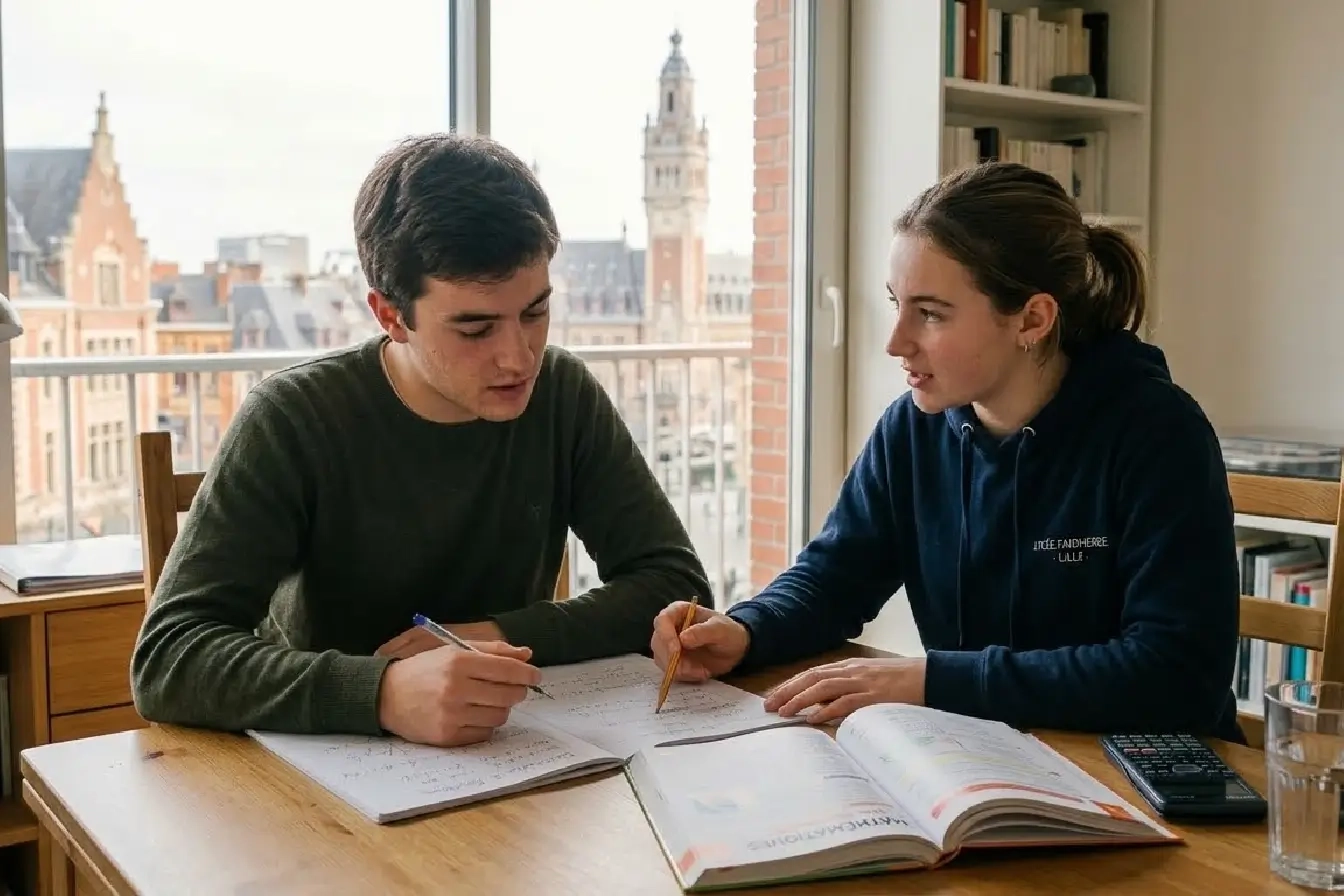 A high school student taking a private math lesson in his living room in Lille.