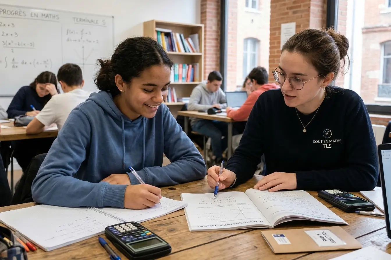 Group tutoring session in mathematics. A teacher is helping a young student.